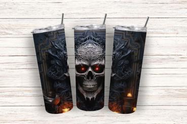 Mystisch gestaltetes Totenkopf-Design auf einem Trinkbecher mit dunkelgrauen und schwarzen Mustern, umgeben von leuchtenden roten Augen und Details, die an rauchige, organische Formen erinnern. Einzigartiges und fesselndes Motiv für Fans von Gothic und dü